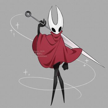 1girl absurdres arm_at_side arthropod_girl clenched_hand cloak crossed_legs fewer_digits full_body grey_background hand_up highres holding holding_weapon hollow_eyes hollow_knight horned_mask hornet_(hollow_knight) kageimo looking_at_viewer mask needle_(hollow_knight) no_mouth over_shoulder paper_texture red_cloak simple_background solo sparkle twintails twitter_username watermark weapon weapon_over_shoulder white_mask