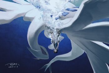 Rule 34 | 1boy, aihara-rina, air bubble, ash ketchum, black hair, black shirt, blue jacket, bubble, closed eyes, dated, denim, falling, fingerless gloves, gen 2 pokemon, gloves, green gloves, hashtag-only commentary, highres, jacket, jeans, legendary pokemon, long neck, lugia, nintendo, open clothes, open jacket, pants, pokemon, pokemon (anime), pokemon (classic anime), pokemon (creature), pokemon the movie 2000: the power of one, shirt, short hair, short sleeves, signature, size difference, tail, underwear, upside-down, water, wings