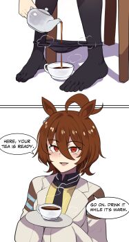 1girl absurdres agnes_tachyon_(tach-nology)_(umamusume) agnes_tachyon_(umamusume) ahoge animal_ears black_necktie black_panties black_pantyhose blush brown_hair chemical_structure coat cup earrings hair_between_eyes highres hinghoi holding holding_plate holding_teapot horse_ears horse_girl jewelry lab_coat long_sleeves necktie open_mouth panties pantyhose plate pouring_through_clothes red_eyes shirt short_necktie single_earring sleeves_past_fingers sleeves_past_wrists smile speech_bubble sweater sweater_vest tea teapot umamusume underwear white_coat yellow_sweater yellow_sweater_vest