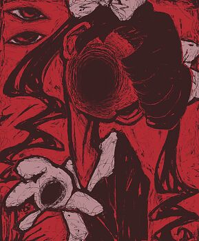 1girl bow collared_dress commentary disembodied_eye dress english_commentary faceless gestart333 hair_bow horror_(theme) large_bow long_hair long_neck monster original rabbit solo upper_body