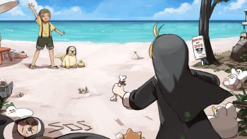 1boy 3girls :d @_@ baby_animal backwards_hat beach bird blonde_hair bone brown_hair cat chicken clumsy_nun_(diva) commentary crab diva_(hyxpk) dog duck duckling english_commentary frog_headband froggy_nun_(diva) golden_retriever green_shorts habit hat highres holding holding_bone lifebuoy little_nuns_(diva) multiple_girls nun ocean open_mouth shirt shorts slice_of_life smile spicy_nun_(diva) sunglasses suspenders swim_ring tail tail_wagging traditional_nun yellow_shirt