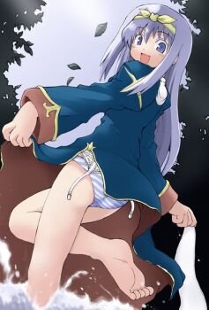 1girl 2000s_(style) :d ass barefoot blue_dress blue_panties blush bow bow_hairband dress falling_leaves foot_out_of_frame from_behind garter_belt hairband juliet_sleeves leaf long_hair long_sleeves looking_at_viewer naitou_kouse open_mouth panties priest_(ragnarok_online) puffy_sleeves purple_eyes purple_hair ragnarok_online smile soles solo splashing striped_clothes striped_panties underwear yellow_bow yellow_hairband