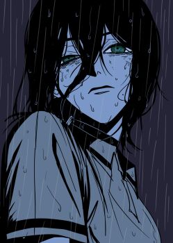 1girl black_choker black_hair chainsaw_man choker green_eyes grenade_pin grey_shirt hair_between_eyes hashtag-only_commentary highres looking_at_viewer medium_hair night ohjojosis_amen outdoors polo_shirt rain reze_(chainsaw_man) shirt solo wet wet_clothes wet_hair wet_shirt