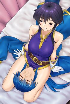1boy 1girl assertive_female bare_legs bed_sheet belt between_thighs black_hair blush breasts closed_eyes commentary commission commissioner_upload couple earrings english_commentary fire_emblem fire_emblem:_genealogy_of_the_holy_war gloves half-closed_eyes head_between_thighs headband hetero highres jewelry larcei_(fire_emblem) looking_down lying nintendo on_back on_bed pants ponytail purple_tunic redkite333 seiza seliph_(fire_emblem) short_hair sidelocks sitting sleeveless smile squeezing tomboy tunic white_headband