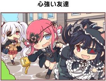 3girls animal_ears artist_request bag black_cloak black_hair black_jacket black_necktie black_ribbon blue_eyes blunt_bangs blunt_ends blush bow breasts brown_footwear brown_jacket building cat_ears chibi chinese_knot cloak cobblestone day dress eating eyepatch fang flat_chest floral_print food fried_squid frilled_dress frilled_shawl frilled_sleeves frills gothic_lolita grass grey_footwear hair_bow hair_ornament hair_over_one_eye hairband hanzou_academy_school_uniform holding holding_food jacket kazakiri_(senran_kagura) kneehighs large_breasts loafers lolita_fashion lolita_hairband long_hair low_twintails miniskirt mirai_(senran_kagura) multiple_girls necktie open_mouth pink_hair pleated_skirt pulling pulling_another's_clothes red_eyes red_necktie red_skirt ribbon ribbon-trimmed_dress ribbon_trim school_bag school_uniform senran_kagura senran_kagura_new_link senran_kagura_shoujo-tachi_no_shin'ei shawl shirt shoes short_hair short_twintails shuriken shuriken_hair_ornament skirt sky smile socks squid tomoe_(symbol) translation_request twintails very_long_hair walking weapon white_bow white_hair white_shirt window yagyu_(senran_kagura)