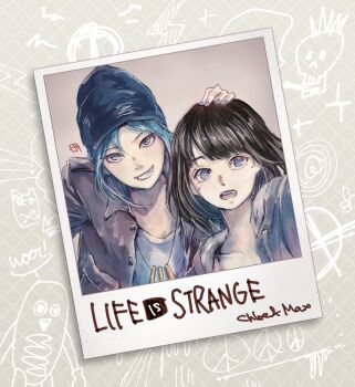 2girls beanie black_headwear blue_eyes blue_hair blue_nails brown_hair brown_jacket character_name chloe_price copyright_name english_text grey_jacket hand_on_another&#039;s_head hat highres jacket jewelry life_is_strange_(series) life_is_strange_1 looking_at_viewer max_caulfield multiple_girls necklace open_clothes open_jacket open_mouth photo_(object) polaroid_photo shirt short_hair teeth upper_body white_shirt yacco