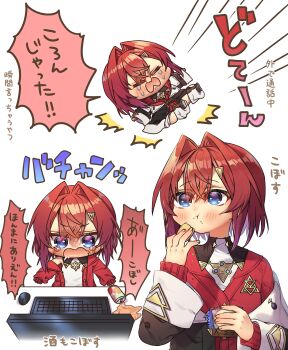 1girl :t ange_katrina ange_katrina_(1st_costume) black_coat blue_eyes blush can chibi closed_eyes closed_mouth coat commentary_request computer_keyboard computer_mouse cookie food food_on_face harumina_mau highres holding holding_cookie holding_food long_sleeves monitor multiple_views nijisanji off_shoulder open_mouth red_hair red_shirt shirt short_hair simple_background spill tears translation_request virtual_youtuber white_background