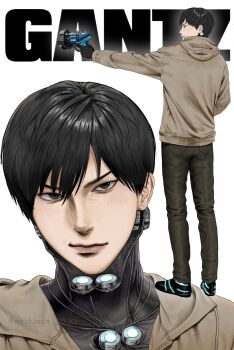1boy absurdres aiming black_eyes black_hair black_pants brown_hoodie closed_mouth copyright_name full_body gantz hashtag-only_commentary highres hood hoodie lips looking_at_viewer male_focus mechimun_jojo multiple_views nishi_jouichirou pants short_hair simple_background standing twitter_username white_background