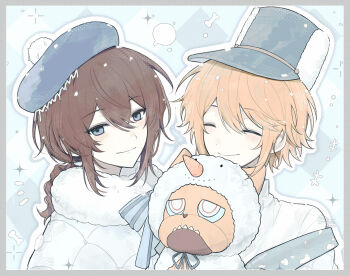 Rule 34 | +++, 2boys, absurdres, beret, blonde hair, blue background, blue eyes, blue hat, bone, border, brown hair, bulldog, chinese commentary, closed eyes, coat, coat partially removed, commentary request, dog, edgar valden, fur-trimmed coat, fur trim, grey border, hair between eyes, happy, hat, highres, identity v, light blush, looking at viewer, male focus, medium hair, monkink, multiple boys, pom pom hat ornament, ponytail, shirt, short hair, sidelocks, smile, snowing, sparkle, victor grantz, white coat, white shirt, wick (identity v)