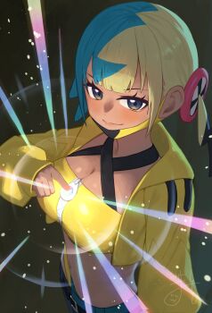 1girl absurdres aqua_hair bandeau belt black_belt black_mask black_pants blonde_hair blue_eyes blue_pants blush breasts canari_(pokemon) cleavage closed_mouth criss-cross_straps dark-skinned_female dark_skin glowing gomashiwo_o highres jacket large_breasts long_sleeves looking_at_viewer mask mask_pull mega_stone mouth_mask multicolored_hair navel nintendo pants pokemon pokemon_legends:_z-a short_twintails smile solo split-color_hair sports_bra stomach twintails two-tone_hair two-tone_mask two-tone_pants yellow_bandeau yellow_jacket yellow_mask yellow_sports_bra