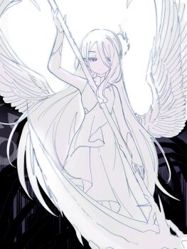 Rule 34 | 1girl, bare shoulders, bloom festival (project sekai), closed mouth, commentary request, dress, expressionless, greyscale, half-closed eyes, highres, holding, holding scythe, holding weapon, long dress, long hair, monochrome, neko oudon, official alternate costume, official alternate hair length, official alternate hairstyle, project sekai, scythe, sleeveless, sleeveless dress, solo, very long hair, weapon, white background, wings, yoisaki kanade