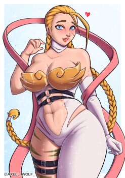 1girl abs angewomon angewomon_(cosplay) arm_behind_back armor artist_name axell_wolf bare_shoulders belt blonde_hair blue_background blue_eyes blush braid breastplate breasts cammy_white cleavage collarbone commentary cosplay elbow_gloves english_commentary gloves heart high_belt highres large_breasts light_smile lips long_braid long_hair long_scarf looking_at_viewer multiple_belts pink_lips pink_scarf scar scar_on_face scarf solo street_fighter thigh_strap turtleneck twin_braids twitter_username white_gloves