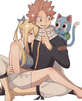 Rule 34 | 1boy, 1girl, baggy pants, black jacket, blonde hair, blue fur, blue shirt, blush, breasts, closed eyes, fairy tail, happy (fairy tail), hashtag-only commentary, highres, jacket, large breasts, long hair, lucy heartfilia, miniskirt, natsu dragneel, neri w2, pants, pink hair, scarf, shirt, side ponytail, simple background, sitting, skirt, sleeveless, sleeveless shirt, white background, white pants, white scarf, white skirt