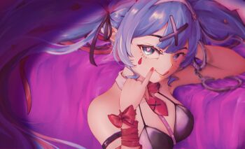 1girl :q absurdres black_ribbon blue_eyes blue_hair breasts collar commentary cuffs detached_collar english_commentary hair_ribbon handcuffs hatsune_miku heart heart-shaped_pupils highres irfan_hafidh_n long_hair necktie pink_nails pink_necktie pink_ribbon playboy_bunny rabbit_hole_(vocaloid) ribbon smile symbol-shaped_pupils teardrop_facial_mark tongue tongue_out twintails upper_body white_collar wrist_ribbon