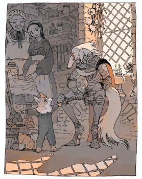 1other 3girls animal_ears animal_hands apron armor backlighting black_shirt border borzoi brown_fur cape child collared_shirt dog_ears animal_nose dog_paws drop_shadow faux_traditional_media full_armor furry garlic hatching_(texture) jar long_tail looking_at_another maid_apron maid_headdress multiple_girls neck_ribbon original ornate_armor overalls pale_color plant pointing potato potted_plant puffy_sleeves pumpkin red_cape ribbon scar scar_on_face shirt sitting sitting_on_object size_difference stone_wall table tail tanuki_lll two-tone_fur undershirt utensil_rack welsh_corgi white_apron white_border white_fur yellow_eyes