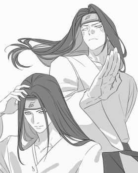 1boy absurdres black_hair black_headband closed_mouth facial_mark greyscale hand_on_own_head headband highres hyuuga_neji japanese_clothes konohagakure_symbol long_hair low-tied_long_hair m0_mo_momo male_focus monochrome multiple_views naruto_(series) naruto_shippuuden no_pupils parted_bangs shirt solo upper_body veiny_face white_eyes white_shirt