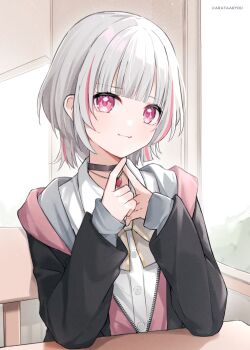 1girl absurdres arata_ryou artist_name asumi_sena asumi_sena_(4th_costume) black_choker black_jacket blazer blunt_bangs bow bowtie buttons chair choker closed_mouth collared_shirt commentary_request elbow_rest fang grey_bow grey_bowtie grey_hair hands_up heart_pendant highres index_finger_raised indoors jacket light_smile looking_at_viewer multicolored_hair pendant_choker pink_eyes pink_jacket pink_streaks pointing pointing_at_self shirt short_hair sitting skin_fang solo streaked_hair table upper_body virtual_youtuber vspo! white_shirt window wolf_cut