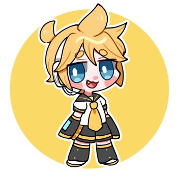 1boy :3 blonde_hair blue_eyes blush_stickers chibi chibi_only commentary_request detached_sleeves fang full_body headphones headset jitome kagamine_len leg_warmers long_sleeves looking_at_viewer male_focus necktie open_mouth ponytail sailor_collar short_ponytail short_sleeves shorts smile solo thick_eyebrows togase_ameko vocaloid