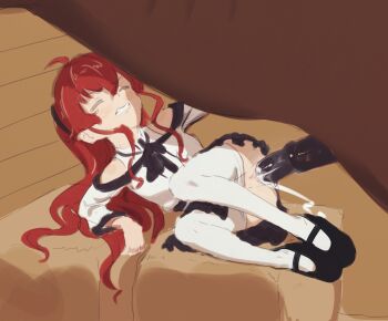 1girl ahoge animal_penis bestiality black_footwear black_hairband black_ribbon blush butterchalk clenched_teeth closed_eyes clothes_pull eris_greyrat hairband hetero highres horse horse_penis large_penis loli long_hair mushoku_tensei neck_ribbon pantyhose pantyhose_pull penis red_hair ribbon sex shoes teeth uncensored unfinished vaginal white_pantyhose