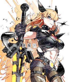1girl abs absurdres armor black_armor black_choker black_gloves black_pantyhose black_shorts blonde_hair blue_eyes breasts choker commentary commission cowboy_shot earrings gloves highres holding holding_sword holding_weapon hoop_earrings jewelry large_breasts long_hair looking_at_viewer magik_(x-men) marvel marvel_rivals pantyhose planted planted_sword planted_weapon qr_code shorts skeb_commission solo spiked_belt spiked_choker spikes sunao_saito sword symbol-only_commentary toned toned_female torn_clothes torn_pantyhose watermark weapon white_background x-men
