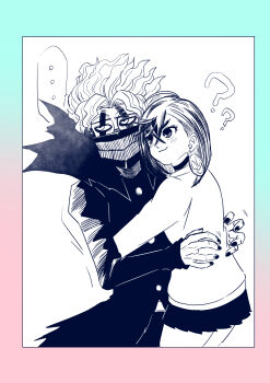 ... 1boy 1girl :3 ? absurdres arms_around_waist ayase_momo black_choker black_jacket black_nails black_pants blush border choker crossed_bangs dandadan earrings facial_mark furrowed_brow glasses gradient_border hetero highres hover_hand hug jacket jewelry looking_at_another medium_hair nail_polish pants parted_bangs pleated_skirt round_eyewear skirt smile spoken_ellipsis sweater takakura_ken_(dandadan) takakura_ken_(transformed)_(dandadan) teeth wavy_hair white_background white_hair yuuri_(fukuroudou)