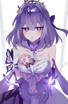 1girl absurdres asymmetrical_gloves bow breasts bright_pupils bug butterfly castorice_(honkai:_star_rail) clothing_cutout commentary_request dress flower gloves glowing h2o_omizu hair_between_eyes hair_flower hair_ornament highres honkai:_star_rail honkai_(series) insect jewelry long_hair parted_lips pointy_ears purple_eyes purple_hair ribbon ring sidelocks sleeveless tiara uneven_gloves very_long_hair