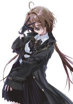 1girl absurdres ahoge black_coat bow bowtie brown_eyes brown_hair coat commentary_request commission gloves highres kishida_mel long_hair looking_at_viewer low_twintails original parted_lips simple_background skeb_commission skirt solo sunglasses twintails white_background