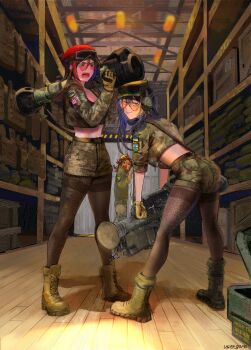 3girls alina_svard_kovalenko_(laotianaviator) at4 bent_over beret black_pantyhose boots breasts brown_hair camouflage camouflage_jacket cleavage combat_boots commentary commission cropped_jacket dubok_camouflage english_commentary fim-92_stinger frown gloves goggles goggles_on_headwear half-closed_eyes hat heterochromia highres holding holding_weapon jacket looking_at_viewer midriff mm14 multicolored_hair multiple_girls open_mouth orange-tinted_eyewear original pantyhose purple_hair red-tinted_eyewear rocket_launcher russo-ukrainian_war seoyun_kovalenko_(laotianaviator) shefika_(usergore) streaked_hair sunglasses thighband_pantyhose tinted_eyewear ukraine ukrainian_flag usergore warehouse weapon
