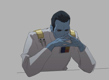 0109_(artist) 1boy blue_skin chiss colored_skin galactic_empire_(star_wars) gendou_pose grand_admiral_thrawn hands_clasped highres male_focus military_uniform own_hands_clasped own_hands_together pen solo star_wars thinking white_uniform