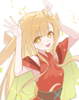 1girl armpits arms_up blonde_hair blurry blush bon_(bony_53) bright_pupils chou_kaguya-hime! clothing_cutout commentary_request crescent crescent_hair_ornament floating_hair hair_ornament highres japanese_clothes kaguya_(chou_kaguya-hime!) kimono long_hair looking_at_viewer open_mouth orange_eyes red_kimono short_sleeves shoulder_cutout smile upper_body white_background