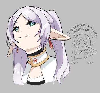 1girl :3 =_= commentary cropped_shoulders earrings elf english_commentary english_text frieren green_eyes grey_background grey_hair hair_over_shoulder head_back jewelry long_pointy_ears looking_at_viewer parted_bangs pointy_ears shirt solo_focus sousou_no_frieren striped_clothes striped_shirt teardrop_earrings touyarokii upper_body upward_angle_frieren_drawing