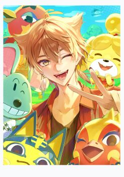 Rule 34 | 2boys, 4girls, absurdres, aircraft, airplane, animal crossing, animal crossing: new horizons, ankha (animal crossing), bird girl, black shirt, border, cat girl, closed eyes, commentary request, dog girl, flipped hair, fushimi gaku, fushimi gaku (2nd costume), hawaiian shirt, highres, isabelle (animal crossing), looking at viewer, mouse boy, multiple boys, multiple girls, nezumidoshi, nijisanji, nintendo, one eye closed, open clothes, open mouth, open shirt, orange hair, phoebe (animal crossing), photobomb, red shirt, rio (animal crossing), samson (animal crossing), seaplane, shirt, sky, smile, teeth, tree, upper body, v, virtual youtuber, white border, yellow eyes