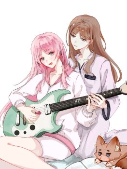 2girls bang_dream! bang_dream!_it&#039;s_mygo!!!!! blush book brown_hair cassius_(pixiv_21496909) chihaya_anon chinese_commentary commentary_request electric_guitar fang flying_sweatdrops fox grey_eyes guitar hand_on_another&#039;s_hand highres holding holding_plectrum hood hoodie instrument long_hair long_sleeves multiple_girls music nagasaki_soyo open_mouth pajamas pants pink_hair playing_guitar playing_instrument plectrum purple_pants purple_shirt shirt shorts simple_background smile teaching textless_version white_background white_hoodie white_shorts yuri