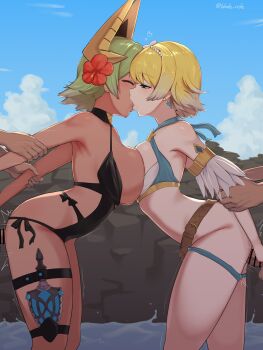2boys 2girls aqua_bikini arm_grab arms_behind_back asymmetrical_docking bikini bisexual_female black_one-piece_swimsuit blade_ride blonde_hair blue_eyes blue_hair blue_sky blush breast_press breasts closed_eyes clothed_sex cloud commission dark-skinned_female dark_skin earrings feather_trim fire_emblem fire_emblem_heroes fjorm_(fire_emblem) fjorm_(summer)_(fire_emblem) flower gold_horns gradient_clothes gradient_hair green_hair hair_flower hair_ornament half-closed_eyes hibiscus highres jewelry kiss laegjarn_(fire_emblem) laegjarn_(summer)_(fire_emblem) large_breasts medium_breasts multicolored_hair multiple_boys multiple_girls nintendo official_alternate_costume one-piece_swimsuit orange_hair outdoors sex sex_from_behind short_hair skeb_commission sky standing standing_sex swimsuit water