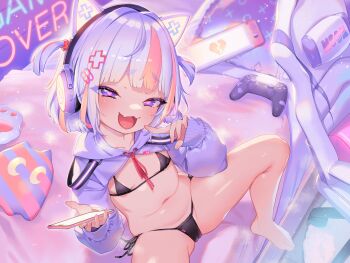1girl absurdres animal_ear_headphones animal_ears barefoot bed bikini black_bikini blush cameltoe cat_ear_headphones cat_ears cellphone controller fake_animal_ears fang flat_chest game_controller handheld_game_console headphones heart heart-shaped_pupils henreader highres loli looking_at_viewer mesugaki multicolored_hair navel non-web_source on_bed open_mouth original phone pillow pink_hair purple_eyes purple_hair short_hair shrug_(clothing) side-tie_bikini_bottom sitting smartphone smile smug solo swimsuit symbol-shaped_pupils two-tone_hair two_side_up