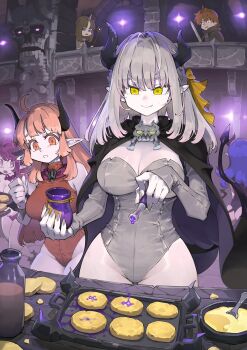 1boy ahoge ass bare_shoulders black_horns black_tail blonde_hair blue_hair breasts brown_hair cape cleavage closed_mouth cooking demon demon_girl demon_horns demon_tail detached_sleeves dungeon hair_ribbon highleg highleg_leotard highres horns jun_(navigavi) large_breasts leotard long_hair long_sleeves multiple_girls open_mouth original pointy_ears poison purple_eyes purple_hair red_eyes red_hair ribbon sleeves_past_wrists strapless strapless_leotard tail teeth yellow_eyes yellow_ribbon