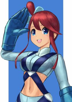 Rule 34 | 1girl, a (gritter4sterisk), blue eyes, breasts, crop top, dark-skinned female, dark skin, gloves, large breasts, long hair, long sleeves, midriff, nintendo, pokemon, pokemon bw, red hair, skyla (pokemon), suspenders, teeth, upper teeth only