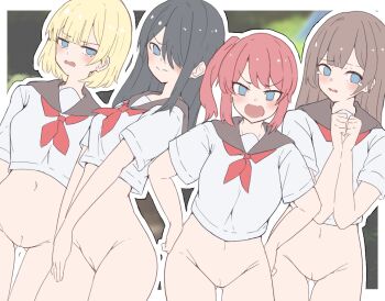 4girls black_hair blonde_hair blue_eyes bob_cut bottomless brown_hair brown_sailor_collar cleft_of_venus commentary_request cowboy_shot crop_top cropped_shirt gluteal_fold hair_over_one_eye long_bangs looking_at_viewer midriff multiple_girls navel neckerchief no_panties one_eye_covered one_side_up open_mouth original parted_bangs pussy red_hair red_neckerchief sailor_collar sailor_shirt school_uniform shirt short_hair short_sleeves soyo1558686 star_(symbol) straight_hair thigh_gap uncensored white_shirt