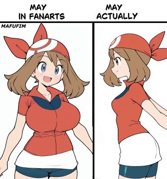Rule 34 | 1girl, ai-assisted, bandana, blue eyes, blush, breasts, brown hair, commentary, highres, large breasts, long hair, looking at viewer, mafufim, may (pokemon), nintendo, open mouth, pokemon, pokemon ruby/sapphire/emerald, red shirt, shirt, shorts, smile, solo, untranslatable commentary