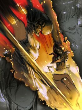 1boy 1girl alternate_form apron battle black_apron bomb_devil_(chainsaw_man) breasts chainsaw chainsaw_man denji_(chainsaw_man) forutaro highres long_tongue medium_breasts object_head reze_(chainsaw_man) sharp_teeth teeth tongue tongue_out