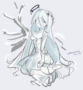 1girl absurdres colored_skin dress grey_background hair_between_eyes halo highres long_hair original player_character_(roblox) roblox sad solo urennnii urennnii_(roblox) very_long_hair white_dress white_hair white_skin