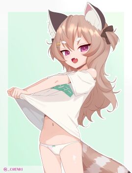 1girl absurdres animal_ears bow brown_hair chenki_(chenki) clothes_lift fang highres komachi_panko lifting_own_clothes loli long_hair navel no_pants open_mouth panties phase_connect shirt shirt_lift smile solo tail underwear white_panties white_shirt