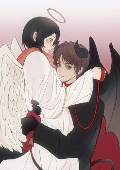 1boy 1girl angel_wings arm_around_neck arms_around_waist black_gloves black_hair black_jacket blush brown_hair chanyuanyyy closed_mouth collar couple demon_boy demon_horns demon_tail demon_wings eren_yeager facial_scar feathered_wings gloves green_eyes grey_eyes hair_between_eyes halo hetero highres holding holding_leash horns jacket leash mikasa_ackerman parted_lips red_collar red_scarf robe scar scar_on_cheek scar_on_face scarf shingeki_no_kyojin short_hair tail traditional_halo upper_body white_robe white_wings wings