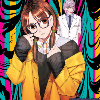 1boy 1girl arms_behind_back black_background black_sweater blue_background blue_necktie blue_skirt brown_eyes brown_hair collared_shirt count_saint-germain cover cover_page dandadan formal_clothes glasses green_eyes jacket long_sleeves manga_cover medium_hair necktie official_art pink_background pink_hair sawaki_rin shirt skirt suit sweater tatsu_yukinobu twintails white_suit yellow_background yellow_jacket