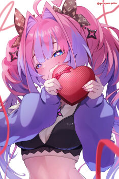 Rule 34 | 1girl, absurdres, ahoge, arm warmers, black bow, black bra, blue eyes, blush, bow, box, bra, bra over clothes, center-flap bangs, colored inner hair, commentary request, cropped shirt, double-parted bangs, gradient hair, hair bow, hair intakes, heart, heart-shaped box, heart-shaped pupils, highres, holding, holding box, hololive, hololive dev is, kikirara vivi, long hair, looking at viewer, multicolored hair, pink hair, poruporupriiin, purple arm warmers, shirt, simple background, solo, symbol-shaped pupils, twintails, underwear, upper body, very long hair, virtual youtuber, white background, white shirt