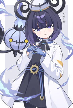 1girl belt belt_buckle black_dress blue_gloves bob_cut buckle chandelure closed_mouth coat dress gen_5_pokemon gloves gwynn_(pokemon) hat highres interlocked_fingers long_sleeves looking_at_viewer momokari nintendo o-ring o-ring_belt open_clothes open_coat partially_fingerless_gloves pokemon pokemon_(creature) pokemon_legends:_z-a purple_eyes purple_hair short_hair white_coat