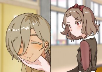 2girls black_vest blonde_hair blush bow closed_eyes collared_shirt ebizuka_tomo girls_band_cry hair_behind_ear hair_between_eyes hair_bow hairband hallway hand_on_another's_chin may42045 medium_hair mole mole_under_eye multiple_girls raised_eyebrow red_bow red_eyes red_shirt rupa_(girls_band_cry) shirt short_hair smile split_screen stroking_another's_chin sweater vest window