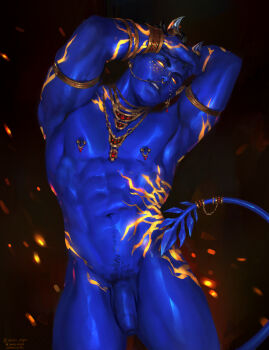 1boy absurdres annas_anya armpits arms_up artist_name black_background blue_skin bluesky_logo bluesky_username brown_hair colored_skin commentary commission completely_nude cowboy_shot flaccid gem highres jewelry legs male_focus male_pubic_hair muscular muscular_male navel necklace nipple_indents nipple_piercing nipples nude original pectorals penis piercing pubic_hair red_gem short_hair simple_background solo stomach symbol-only_commentary tail thighs twitter_username