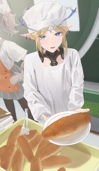 2girls absurdres blonde_hair blue_eyes bread cartethyia_(wuthering_waves) chef chef_hat commentary_request fleur-de-lis food hat highres holding holding_plate indoors jewelry kitaugetu margherita_(wuthering_waves) multiple_girls necklace parted_bangs parted_lips plate pointy_ears smile solo_focus tacet_mark_(wuthering_waves) tongs wuthering_waves
