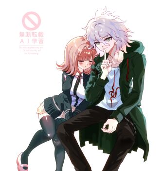 1boy 1girl blush breasts brown_hair collared_shirt commentary_request da15uki danganronpa_(series) danganronpa_2:_goodbye_despair flipped_hair green_jacket grey_hair hair_between_eyes hair_ornament highres hood jacket komaeda_nagito long_sleeves looking_at_viewer medium_hair messy_hair nanami_chiaki neck_ribbon open_clothes open_jacket pants pink_eyes pink_ribbon pleated_skirt print_shirt ribbon shirt shoes short_hair skirt smile thighhighs white_shirt